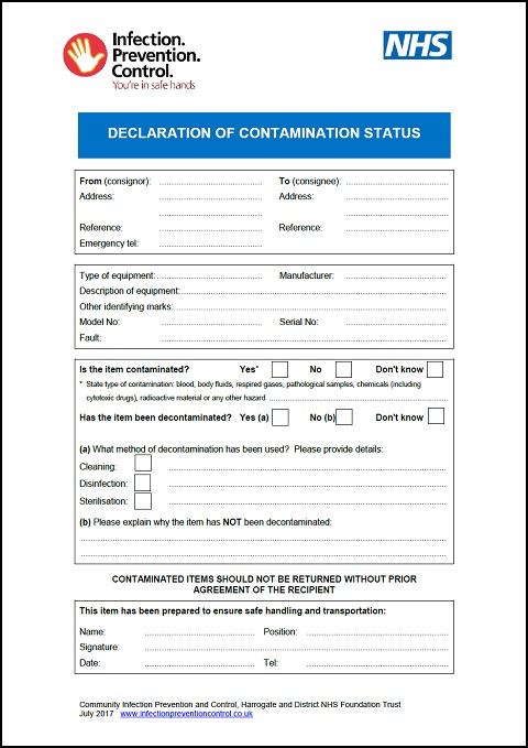 Declaration of contamination status form - Infection Prevention Control