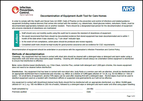 care equipment homes audit tool decontamination infection control