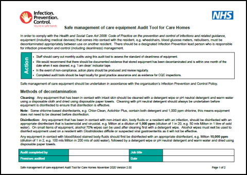 Safe Management Of Care Equipment Audit Tool For Care Homes Infection Prevention Control